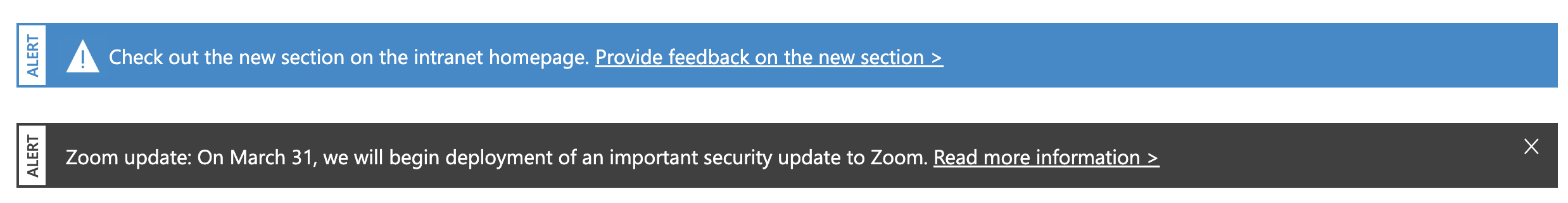 one blue banner and one black banner with the word 'alert' and text explaining the nature of the alert