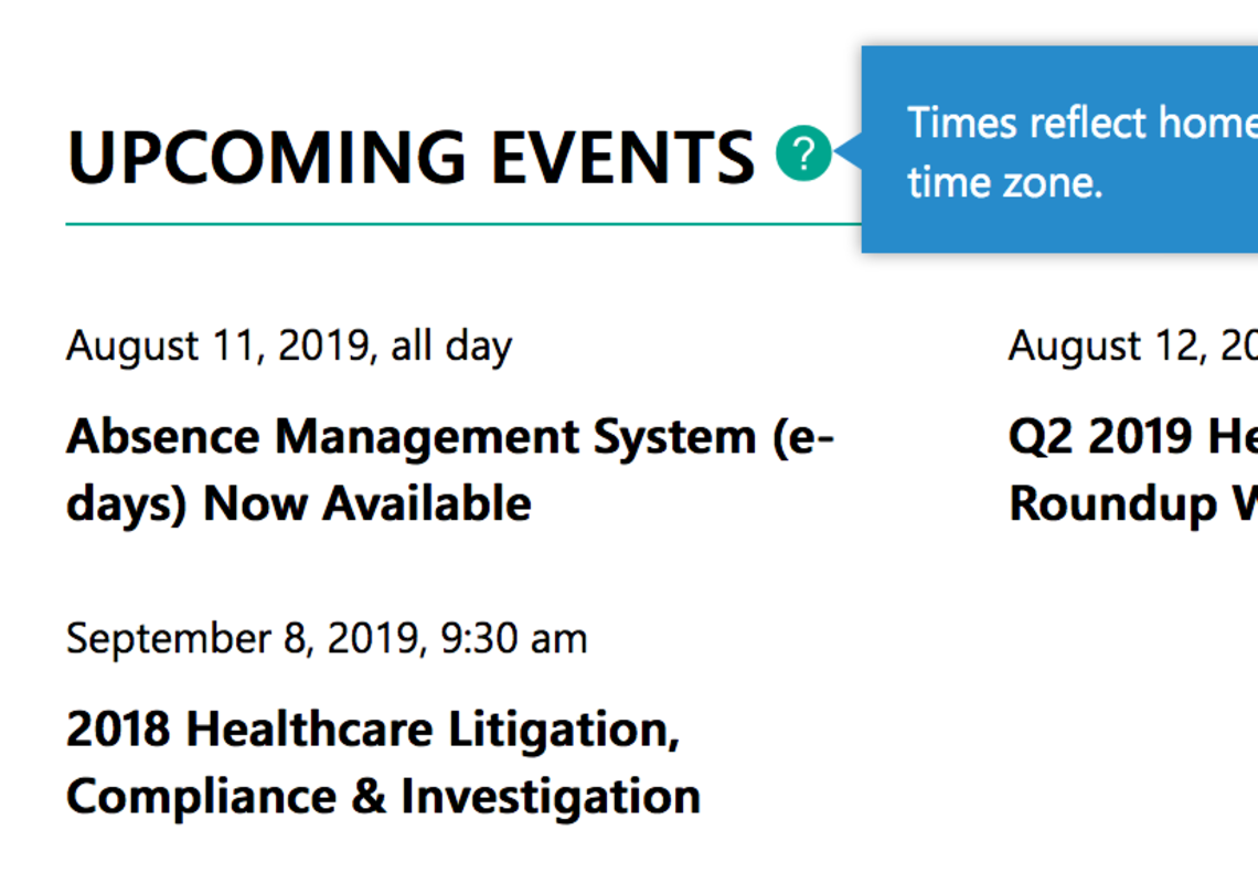 list of events with tooltip explaining that event times are reflected in the user's time zone