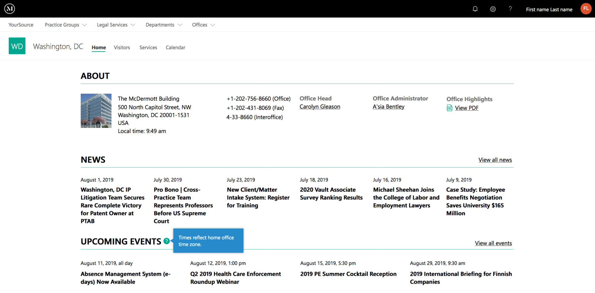 page with multiple sections of content including list of events with tooltip explaining that event times are reflected in the user's time zone 