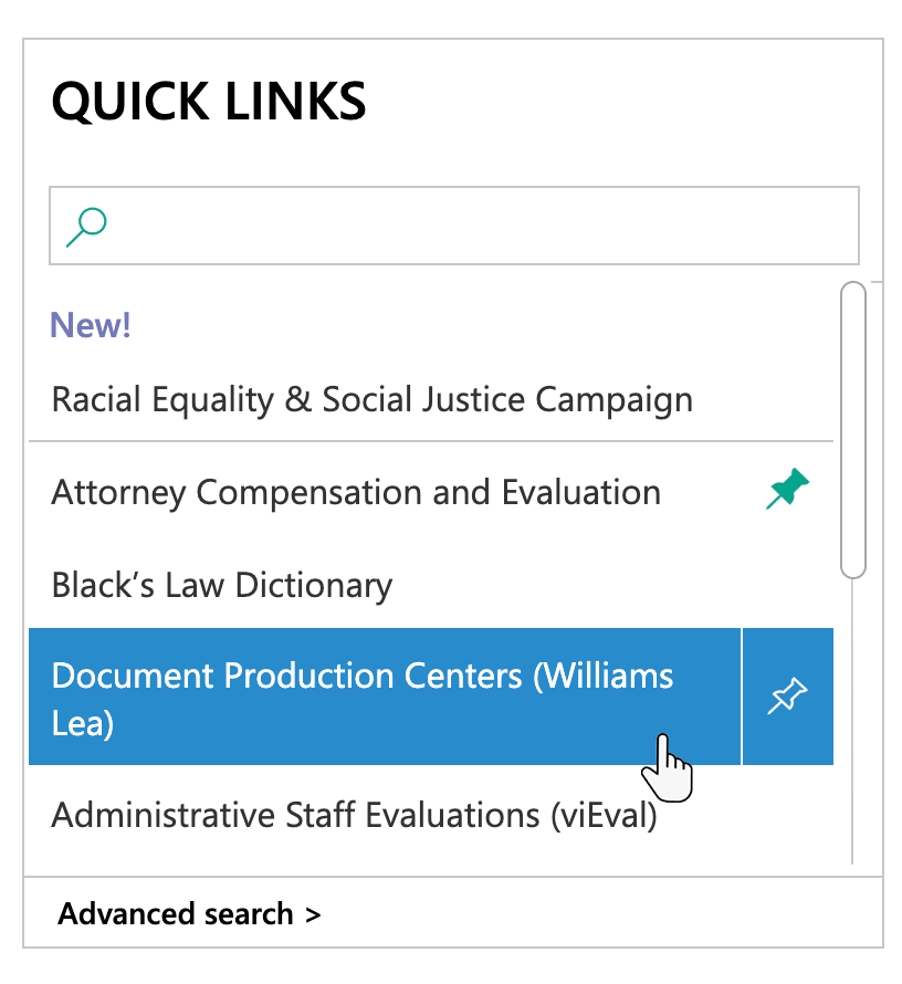 list of links under quick links heading with search box, one link pinned to the top, and a cursor hovering over one of the links revealing a button to pin the link