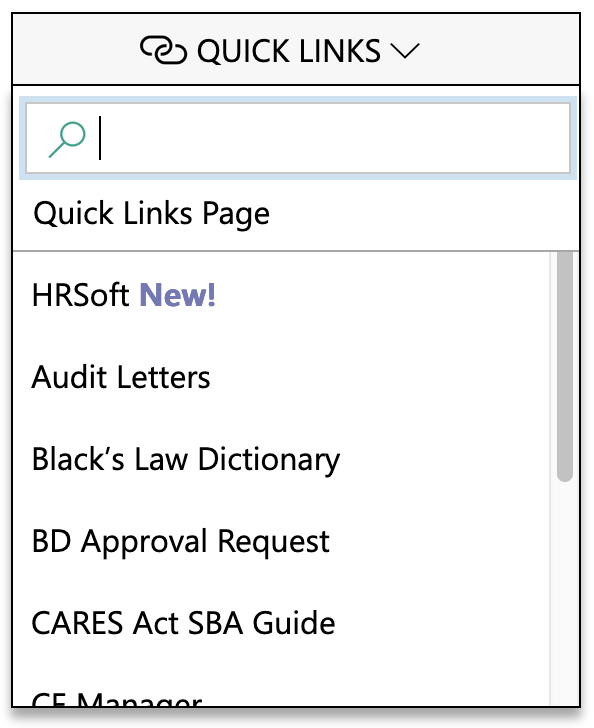 button called quick links with expanded dropdown menu showing list of links and search bar